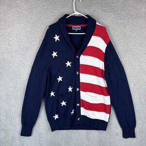 American Flag Cardigan Sweater Mens Large Shawl Collar Pockets Patriotic Knit